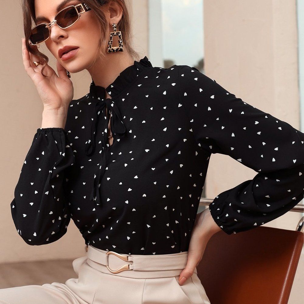New Heart Print Frill Tie Neck Blouse Black - Picture 6 of 7